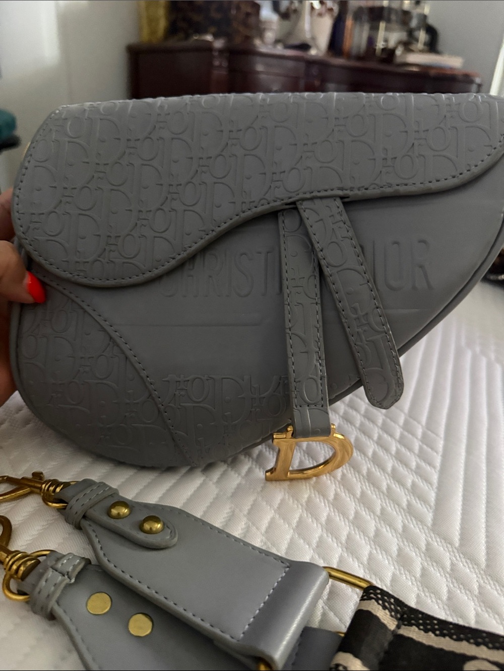 Dior Embossed Saddle Crossbody in Light Gray with Gold Hardware